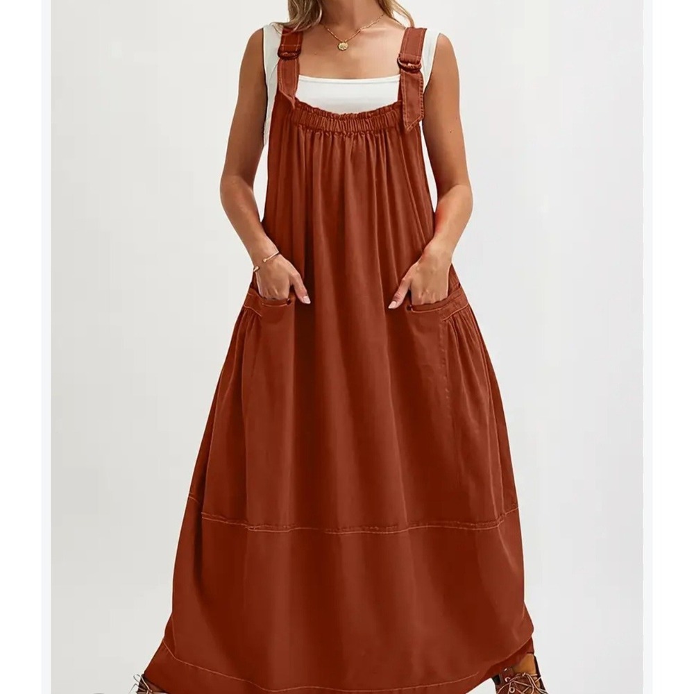 Women's Barrel Overall Midi Dress Size 2XL Rust Brown Adjustable Straps Hippie